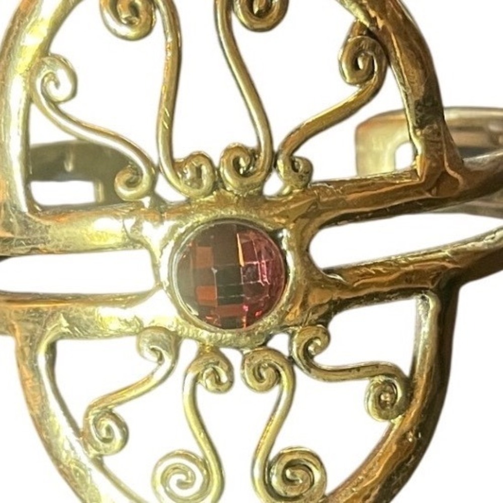 Artisan Gold Tone Filigree Scroll Cuff Bracelet Red Faceted Gemstone Statement - Picture 2 of 6